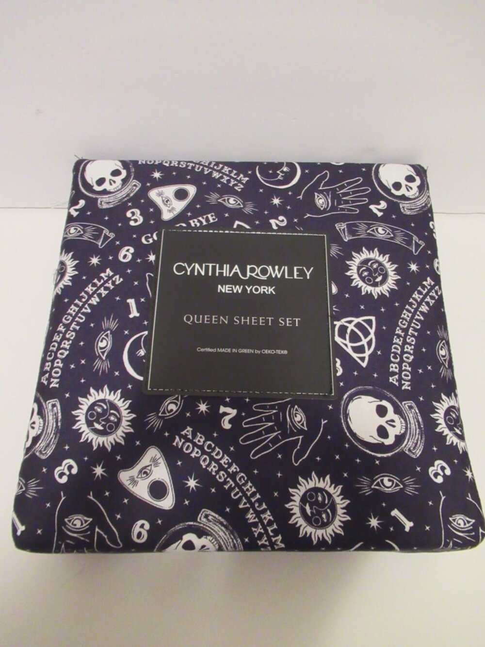 New Cynthia Rowley QUEEN Black Ouija Sheet Set Sun Stars Moon Skull Halloween